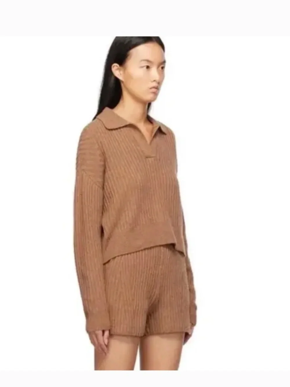Rag & Bone Maxine Ribbed Polo Sweater Camel Merino Wool Blend M